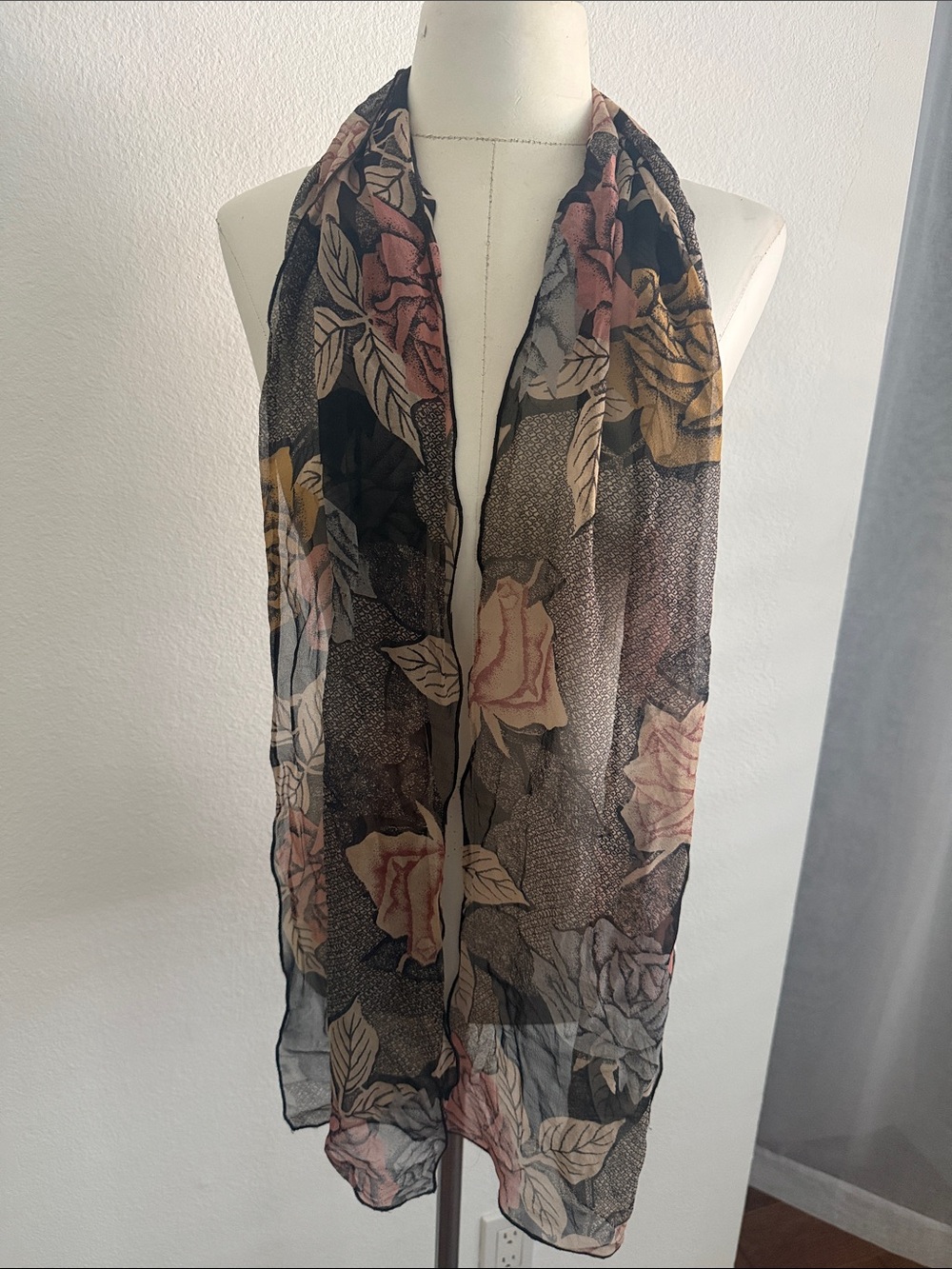Black Floral Sheer Wrap Scarf with Pink and Mustard Blooms